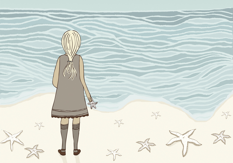 Young girl on a beach hurls one star fish back into the sea