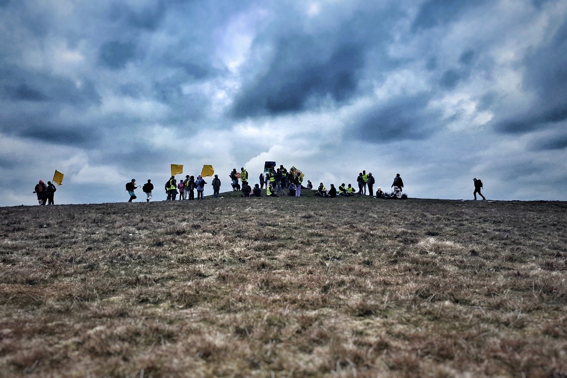 Quakers converge on Pendle Hill with banners and flags to protest plans of fracking in Lancashire