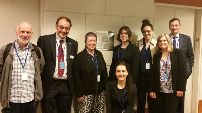 At the UK Mission to the UN: Chair of CND Dave Webb, Tim Wallis, Northern Friends Peace Board representative Janet Fenton, Flavia Tudoreanu, Dagmar Medeiros and Amy Christison from Scottish CND, Peter Prove and Jennifer Philpot-Nissen from World Council of Churches