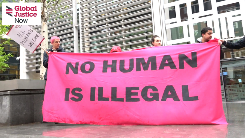 End the hostile environment demo outside the Home Office. Image: Global Justice Now