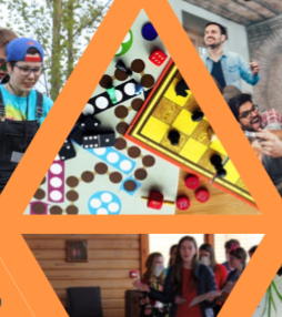triangles in orange with images of young people and activities