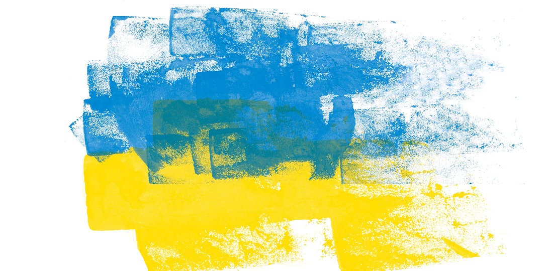 A rough painting of a Ukrainian flag