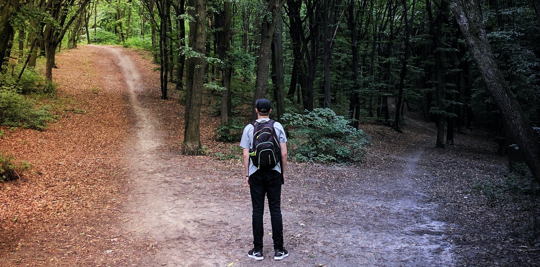 A man standing at the intersection of two footpaths in a forest.