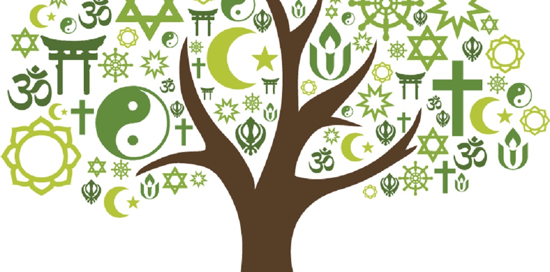 Image of a tree made up of symbols of different religions