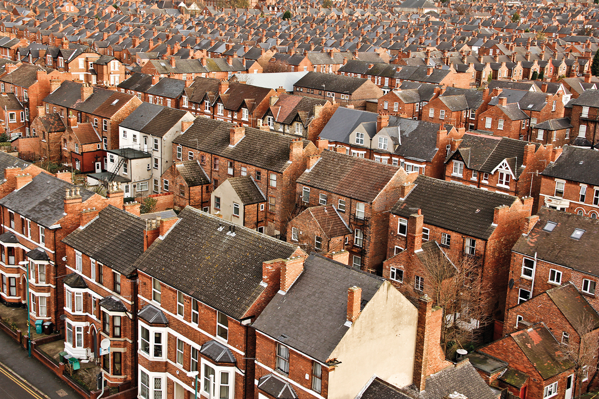 picture shows dozens of terraced Victorian houses
