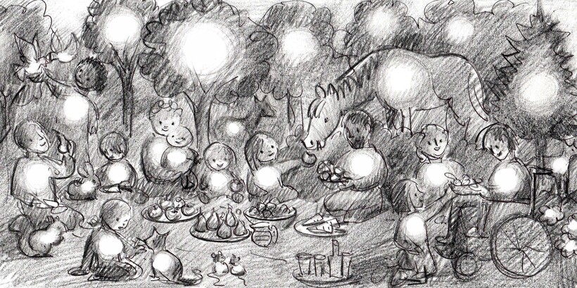 Initial sketch of the picnic scene. Image: Rebecca Price.
