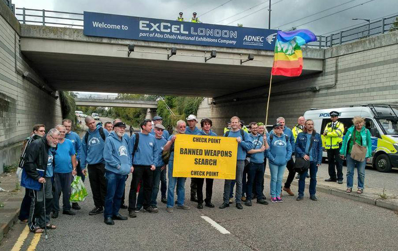 Veterans for Peace checkpoint to search for banned weapons on the road into the DSEI arms fair. Image: Veterans for Peace UK