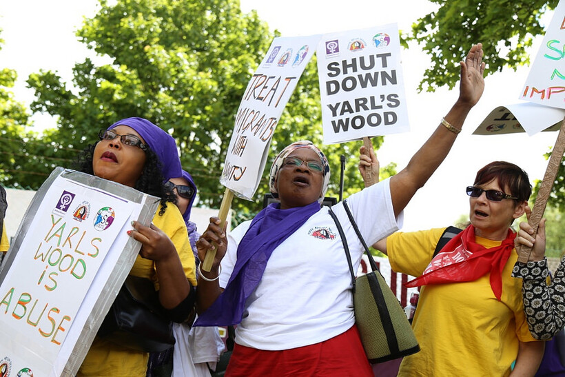 Women demonstrating outside Yarl's Wood immigration detention centre in Bedfordshire. Photo: Wasi Daniju/Flickr