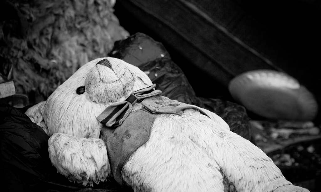 black and white image of teddy bear