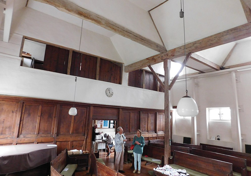 interior meeting house wooden beams