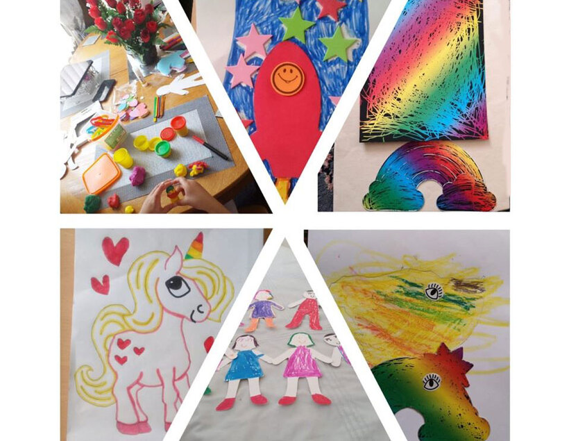 montage of children's craft including drawings of rainbows and unicorns