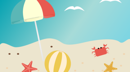 Cartoon drawing of a beach with sea, a beach ball, crabs, starfish and a parsol