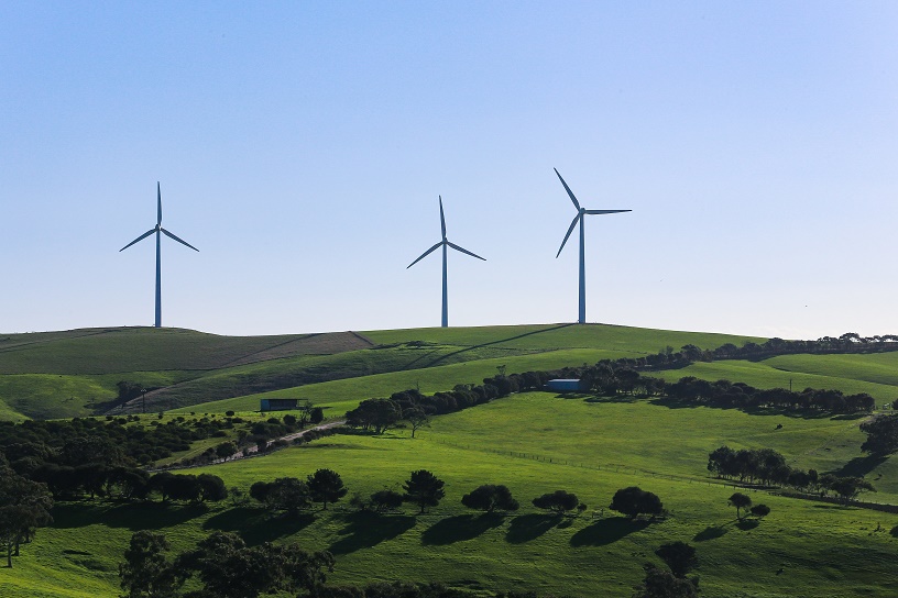 e wind turbines on green hilltop