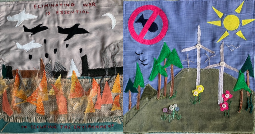 Two panels side by side. One is very grey with planes bombing a barren earth. The second is bright and cheerful with no bombs, with wind turbines, trees and bright flowers 