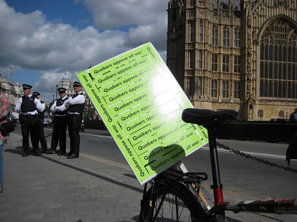 Quaker placard Parliament and police