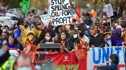 Indigenous people leading a bloc at the Fridays for Future COP26 demonstration. 