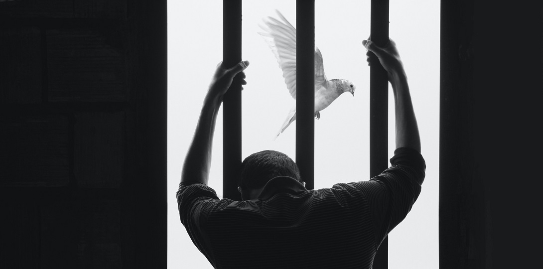 Black and white photo of a man holding prison bars with a dove outside