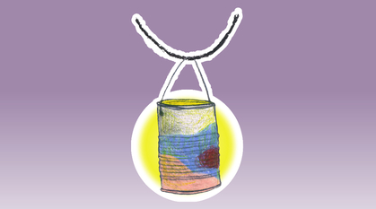 A drawing of a painted tin can lantern full of light
