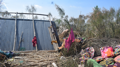 Impact of Cyclone Bulbul showing a home and livelihood destroyed and belongings scattered