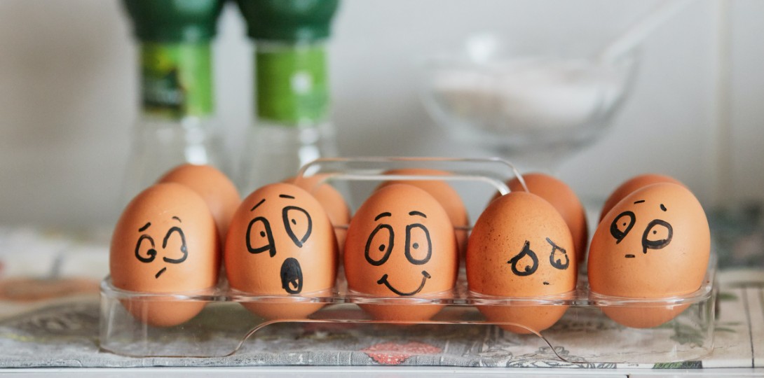 a box of eggs with a different facial expression drawn on each shell 