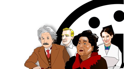 An illustration of the Doomsday Clock close to midnight with Einstein, Meitner, Rotblat and Thurlow depicted in front