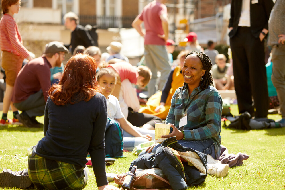 Quakers sitting in the Friends House Garden. Photo: Mike Pinches for BYM