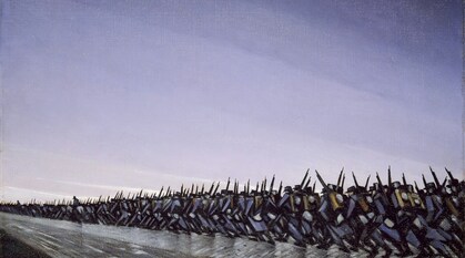 a painting of men in uniform marching with guns. The blue-grey of the sky is reflected in their uniforms and the uniformity of their march makes them appear almost like barbed wire 