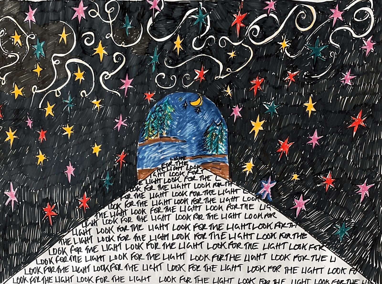 Drawing of an image with white mountain inscribed with 'look for the light' and a bright starry sky in a dark black night.