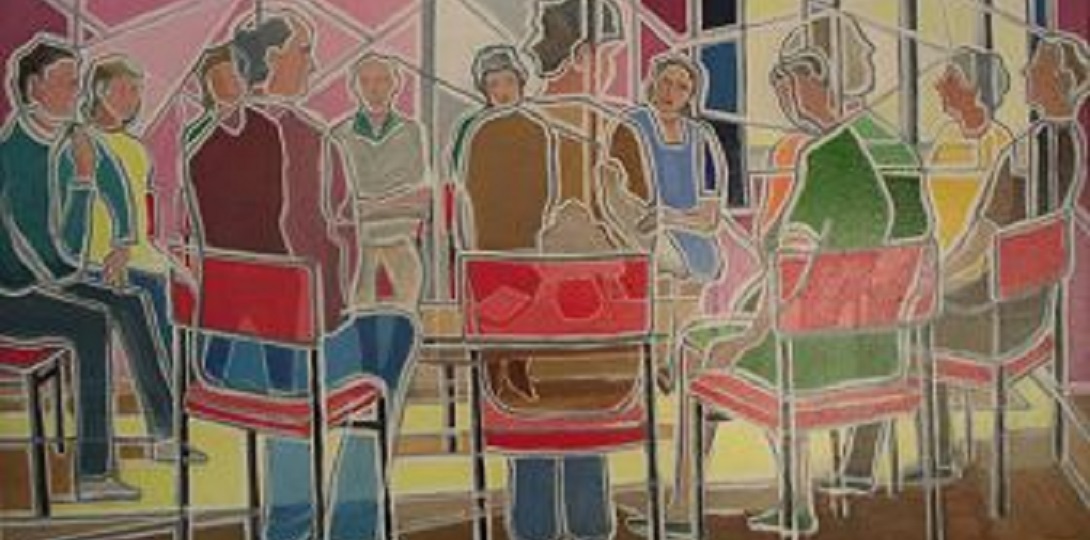A painting of people sitting in a circle for Meeting for Worship