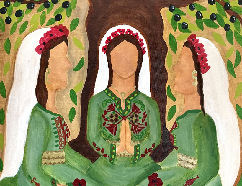 This year the three stories from Palestinian women make difficult but hopeful reading. Image: 'Praying Palestinian Women' by Halima Aziz