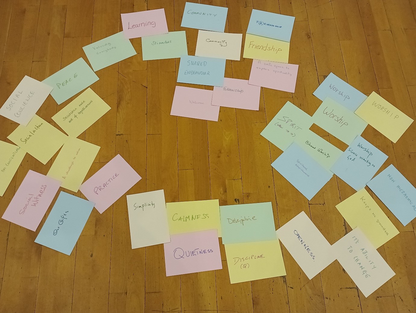 handwritten words on coloured card on a wooden floor, some words include friendship, learning and community