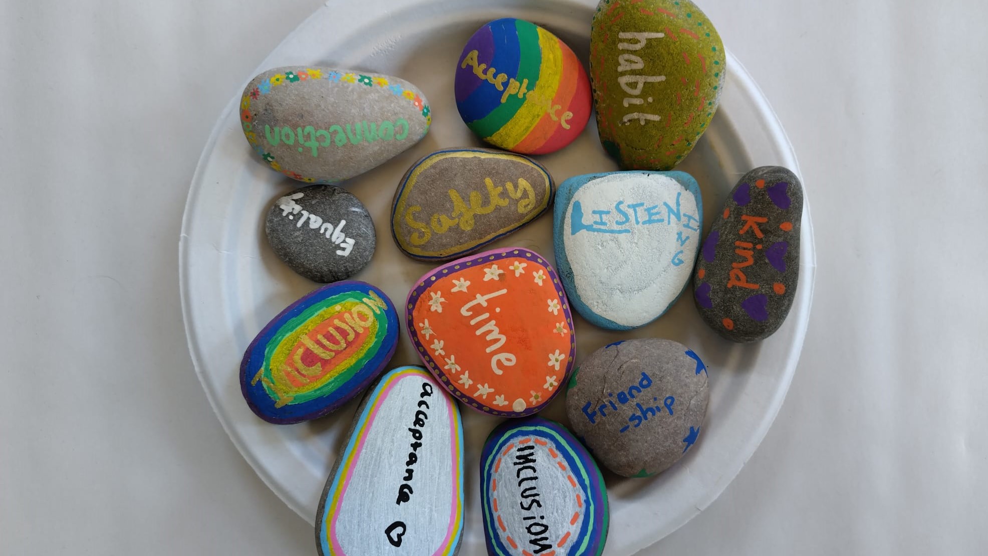 Stones on a plate, each stone decorated with colourful words and patterns