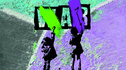 Stencil graffiti-style drawing of two children painting over war sign