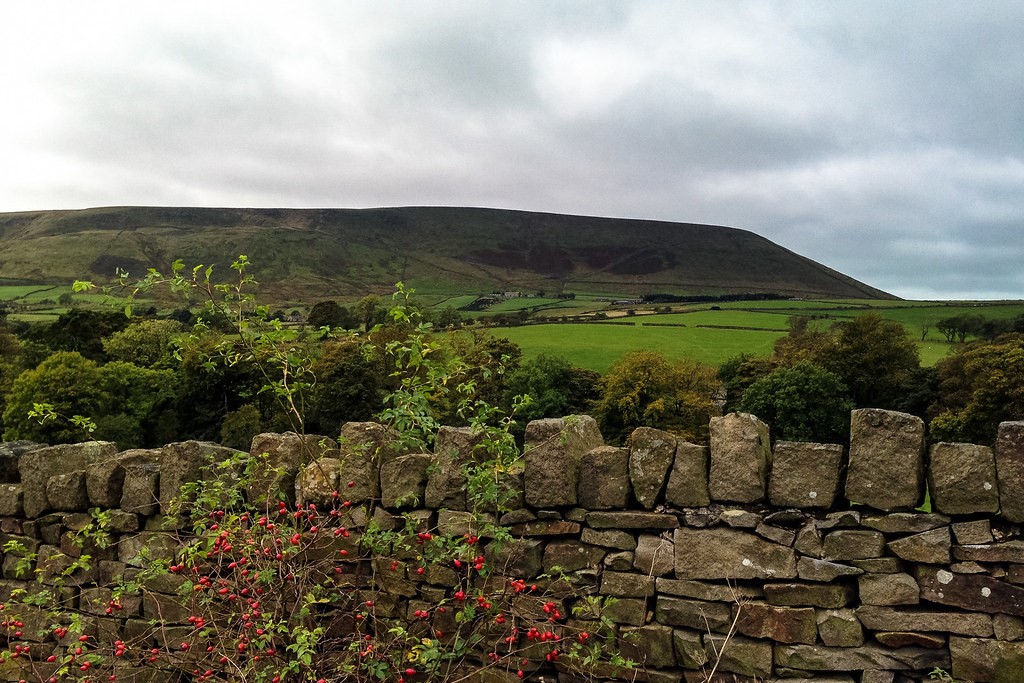 Photo of landscape, trees and house in foreground, Pendle Hill in background and blue skies