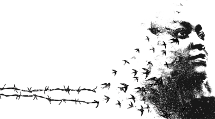 artistic drawing of barbed wire turning into swallows flying through the air and then forming into a person