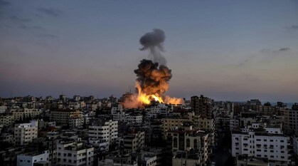 An image of an explosion in a city in Gaza