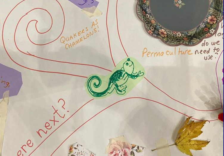 Drawing of a chameleon on a hand drawn map