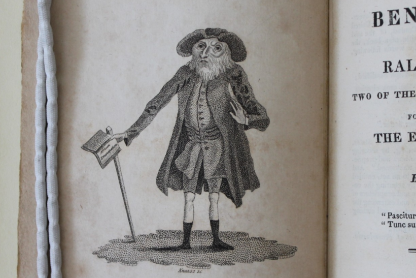 Lay dramatically disrupted Quakers meetings to get people to take the immorality of enslaving people seriously. Image from <i>Memoirs of the lives of Benjamin Lay and Ralph Sandiford</i>, held by the Library of the Society of Friends.